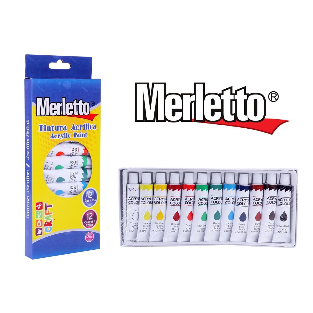 Set de Pintura Acrílica 12 Colores - Merletto
